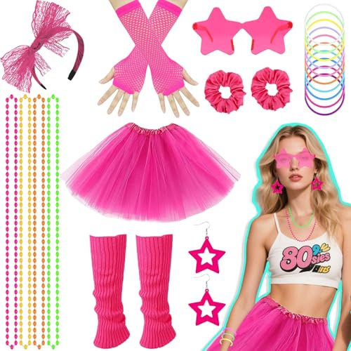 22Pcs 80s Accesories for Women Girls, 80's Neon Fancy Party Outfit with Tutu Skirt Leg Warmers Fishnet Gloves Bow Headband Necklace Glasses Earrings 1980s Dess-up Set for 80s 90s Disco Party