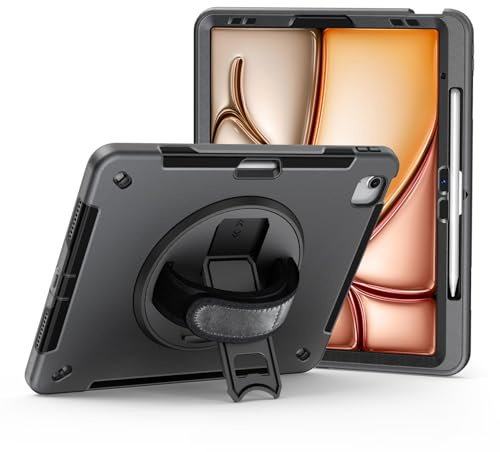 honju Rugged Case mit Handschlaufe für Apple iPad Air 13 und Pro 12,9 Zoll | Robuste Schutzhülle mit Kickstand, 360 Grad Drehgriff & Pencil Halterung für iPad Pro 12.9 2022-2018 & Air 13 2024-2026