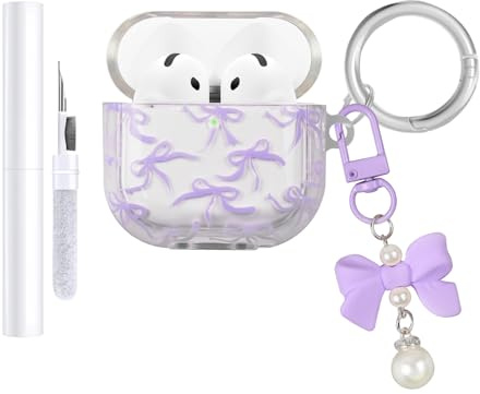 AIIEKZ Compatible with AirPods 4 Case Cover 2024, Soft TPU Case with Cute Flower Pattern for AirPods 4th Generation Case with Flower Keychain and Cleaning Kit for Girls Women (Purple Bow)