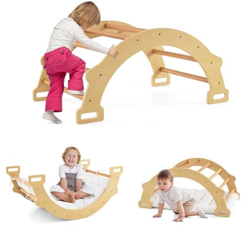 GOPLUS 3 en 1 Triángulo de Escalada para Niños, Arco de Escalada de Doble Cara con Cojín, Arco Montessori con Asideros Convenientes y Diseño Antivolteo, Carga 50KG, para Niños de 1+ Años (Natural)