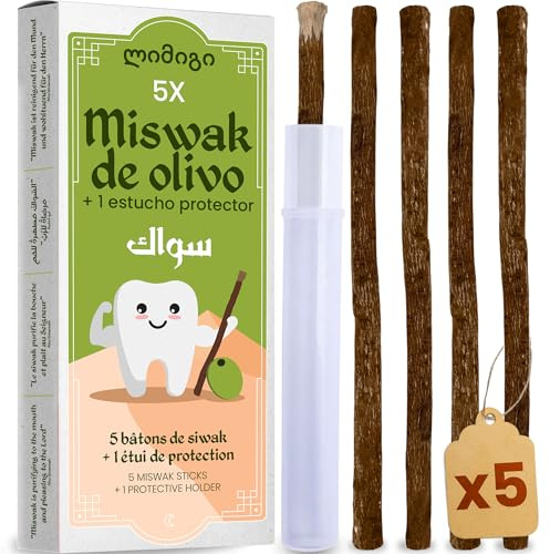 MODOGO® Olive Miswak Stick x5 + 1 Holder - Natural Chewable Miswak for Oral Hygiene - Organic Wooden Dental Tool for Fresh Breath - Miswak Whitening Tool for Teeth - Reusable Chewable Toothbrush Stick