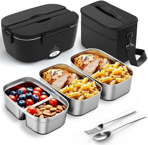 ESOHOT Heated Lunch Box,120W Electric Lunch Box Food Heater with 1.5L 304 Stainless Steel Container, 12V/24V/110V Portable Food Warmer for Travel,Work,Car,Truck (1.5L x 3)