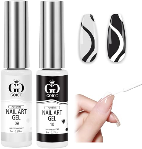 GOICC 8ML Gel Liner Nail Polish Set 2 Schwarz Weiß UV Gel Starter Set | Farben Nagellack Nageldesign Farbgel Gelnägel Eingebauter Dünner Nail Art Pinsel Malerei Gelpolitur Set For Drawing Lines