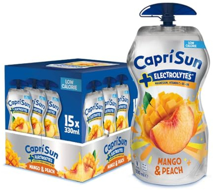 Capri-Sun + Electrolytes Mango & Peach Juice Drink Multipack (15 x 330ml) Big Pouches with Resealable Cap - Enriched with Magnesium & Vitamins - No Preservatives, Artificial Colours, or Flavours