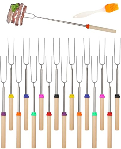 Ninnyi 16 Pcs Marshmallow Toasting Forks, Extendable Smores Marshmallow Toasting Sticks Kit with 1 Brush for BBQ, Outdoor Picnic, Bonfire