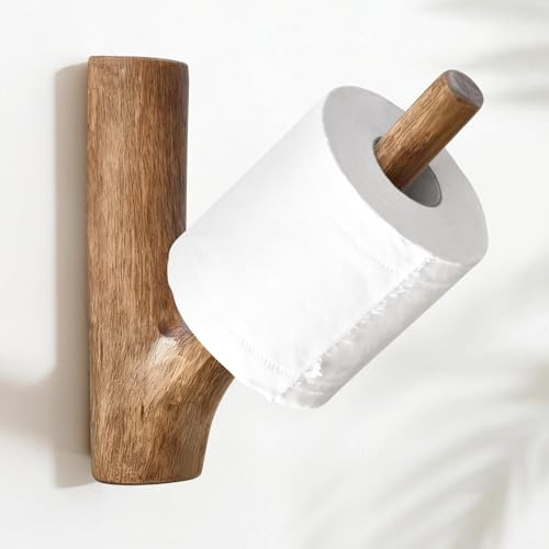 Wooden Toilet Roll Holder – No Drilling Required, Self-Adhesive Bathroom Tissue Stand, Solid Wood Wall-Mounted Wooden Toilet Paper Holder, Modern Minimalist Natural Decor for Farmhouse Style