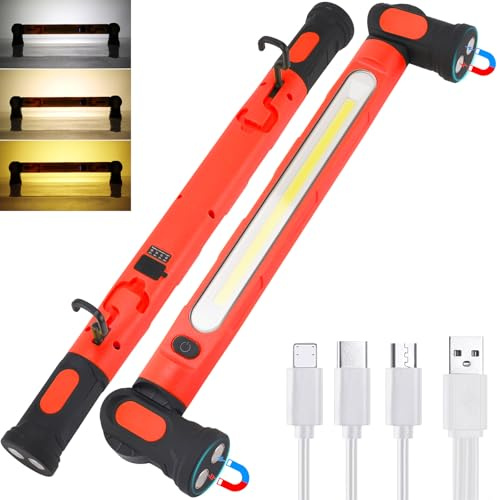 Linterna Mecanico Taller Trabajo LED Recargable con Iman Luz Portatil 5000mAh Bateria Profesional con Base Magnetica y 360°Gancho, Interfaz USB-C, para Garajes, Coches, Emergencias y Camping [Rojo]