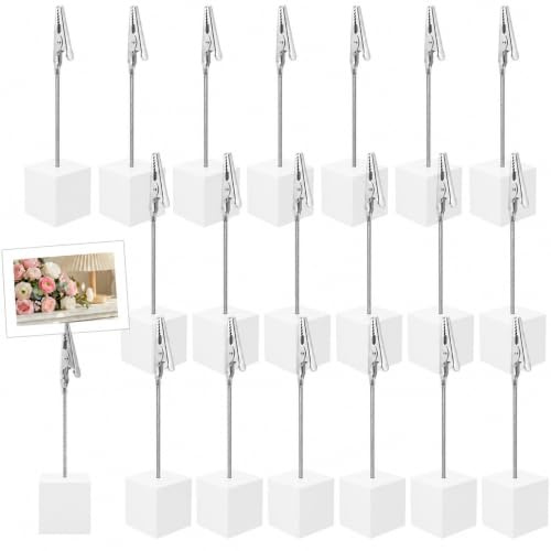 20 Stück Fotohalter mit Klammern, Tischkartenhalter Holz, Fotoaufsteller Kartenhalter Tisch, Holzsockel mit Metall Klammer für Tischdekoration Hochzeit Party Büro Restaurant Event (Weiß)