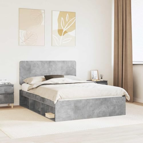 Molumvel Bettrahmen 140x200 cm in Betongrau, Doppelbett mit Kopfteil aus massivem Kiefernholz, stabiles Holzbett für Schlafzimmer