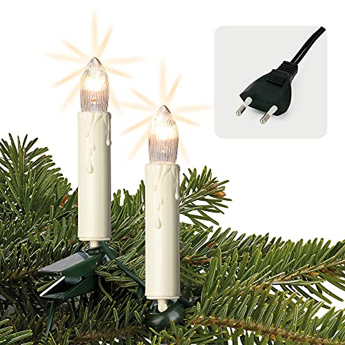hellum Lichterkette Weihnachtsbaum, 15 Christbaumkerzen in elfenbein mit Wachstropfen und Clip, Weihnachtsdeko, beleuchtete Länge 9.8m, Fassungsabstand 70cm, Kabelfarbe grün <59 Lumen 611533