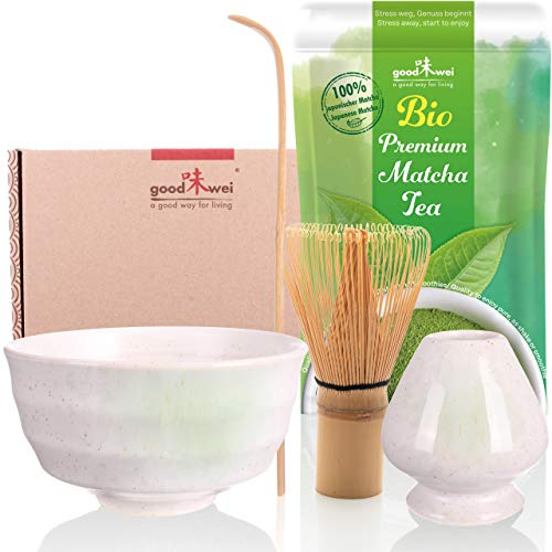 Goodwei Matcha Kit Thé Matcha BIO Japonais avec Fouet Bambou, Bol Artisanal en Céramique et support à fouet | Coffret cadeau (Shiro)