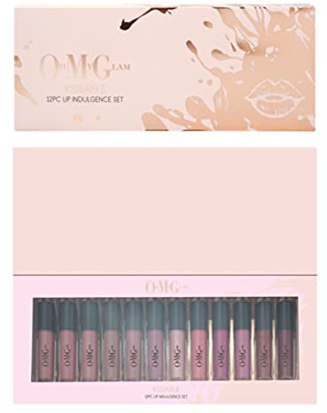 OH MY GLAM Kissable Lip Indulgence Set featuring 12 Long Lasting Hydrating Liquid Lipstick Pigmented Lightweight Lip Stains Moisturising with Vitamin A & E