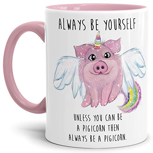 Tassendruck Neujahrs-Tasse mit Spruch - Einhorn, Glücks-schwein | Always be Yourself, Innen & Henkel Rosa, Unicorn, Keramik, 300 ml