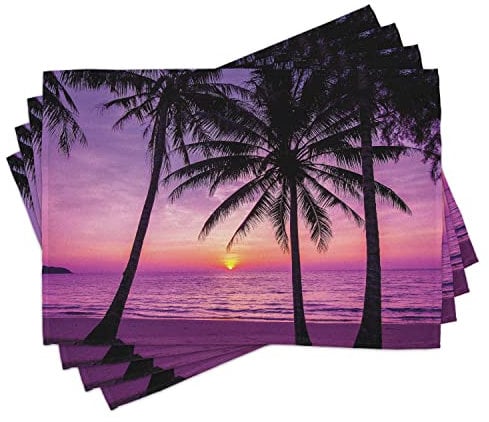 ABAKUHAUS Ozean Platzmatten, Palmen Silhouette Lila, Waschbare Stoff Esszimmer Küche Tischdekorations Digitaldruck, Schwarz Lila