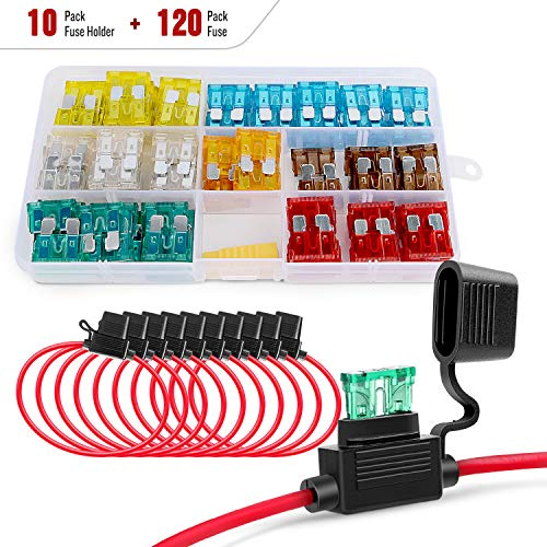 Nilight Juego de 120 fusibles de hoja estándar de 5A/7.5A/10A/15A/20A/25A/30A AMP con 10 portafusibles en línea ATC/ATO de 14 AWG