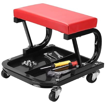 Shoe Workshop Stool 100KG Rolling Mechanic Stool Heavy Duty Mechanics Seat Swivel 360 Degrees Swivel Padded Chair with Removable Tool Tray and 4 Universal Casters for Garage Auto Repair Shop