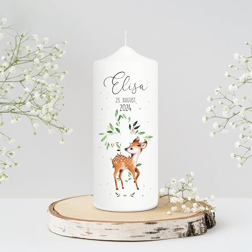 Wandtattoo Loft Taufkerze Junge oder Mädchen personalisierte Patenkerze, Motiv Rehkitz und heiliges Kreuz, 18cm x 7cm, personalisierte Kerze, bedruckte Kerze Taufe, Stumpenkerze, Taufgeschenk