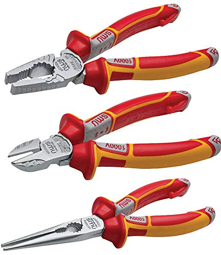 NWS 3 Pcs Vde Plier Set, Kit Contents 180mm VDE High Leverage Combination Pliers, 160mm VDE Side Cutters & 140mm VDE Chain Nose Pliers, Weight 825g, Sets Pliers Tools