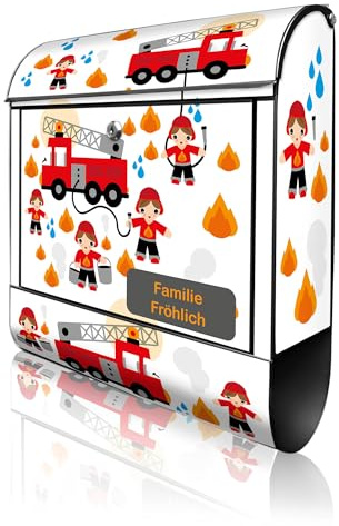 banjado Design Briefkasten personalisiert 38,5x46,5x13cm & 2 Schlüssel - Briefkasten Stahl Schwarz Zeitungsfach pulverbeschichtet - Postkasten A4 Einwurf inkl. Montagematerial - Motiv Feuerwehr