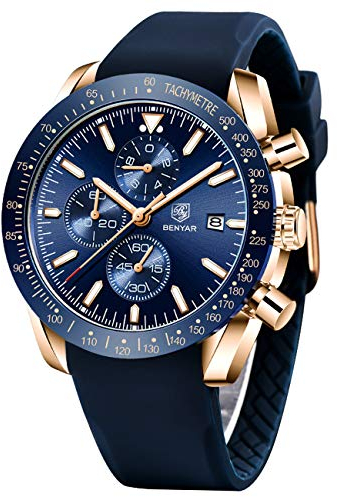 BENYAR Herrenuhr, Quarz Sport Chronometer, Fashion Brand Business Uhr, Blaue Gummiarmband Uhr, wasserdichte und Kratzfeste Simulation, automatische Datum, Geschenkuhr (Golden Blue