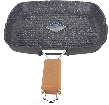 Zilan, Grillpfanne 28 cm, Induktionsherd, Griff aus Holz, klappbar, Druckguss aus Aluminium, Grill für innen Herd, quadratisch, Aluminium