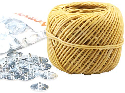 MILIVIXAY - Stoppino per candela in canapa 100% organica con rivestimento in cera d'api naturale, bobina da 61 m, spessore (2,0 mm) + linguette per stoppino (200 pezzi).
