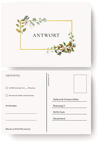 (100 x) Antwortkarten Hochzeit Hochzeitskarten Antwort Postkarte Einladung - Goldene Raute
