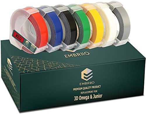 EMBRIIO | 7 Kassetten Etiketten 3D Prägeband Schriftband Ersatz für Junior S0717900 Omega S0717930 Motex | Weiß auf Rot/Blau/Schwarz/Grün/Gelb/Transparent/Silber | 9 mm x 3 m | Selbstklebende