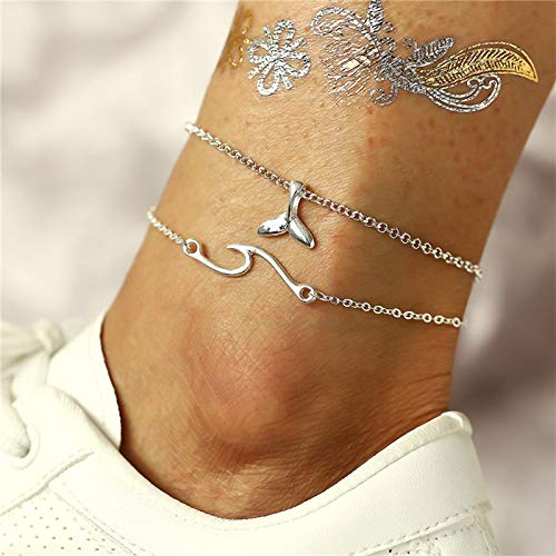 Yienate Böhmische Wellen Wal Schwanz Anhänger Fußkettchen Armband mehrlagige Fußkette Strand Layered Fußkettchen Fußschmuck für Frauen und Mädchen (Silber)