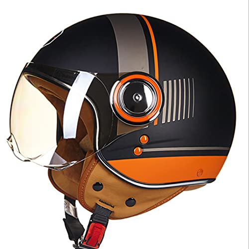 Motorrad-Helm Roller-Helm Moped Mofa-Jet-Helm mit Sonnen-Visier, Roller-Helm für Frauen und Herren im edlen Vintage-Look, Qualität nach ECE/DOT-Norm,Black orange,XL