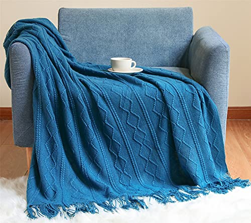 Hayisugal Wohndecke Boho Decke Weich Strick Wolldecke mit Quaste Kuscheldecke Sofadecke Couch Decke Überwurfdecke, Blau, 130 x 150cm