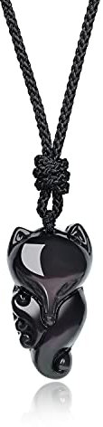COAI Geschenkideen Unisex Glückskette mit Fuchs Anhänger aus Obsidian Talisman Kette
