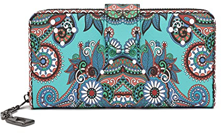Geldbeutel Damen Groß im Langformat, Geldbörse mit Blumen und Blüten Muster im Mandala und Ethno Stil, Portemonnaie mit Reißverschluss, Druckknopf und Vielen Fächern (Gruene Blume)