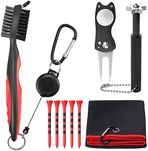 VINTEAM 5-teiliges Golf-Reinigungsset Golftuch, Golfschlägerbürste mit Rillenreiniger, faltbares Pitchgabeln, Golfreinigung Schärfer und 83mm Golf-Tee-Halter X5 für Schlägerflächen und Rillen