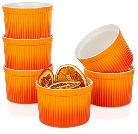 240ml Moldes para soufflé, Candiicap Juego de 6 Moldes de Porcelana para Hornear, Pudín, Creme Brûlée, Tazas de Flan, Salsa para Servir (240ml, Naranja Tropical)