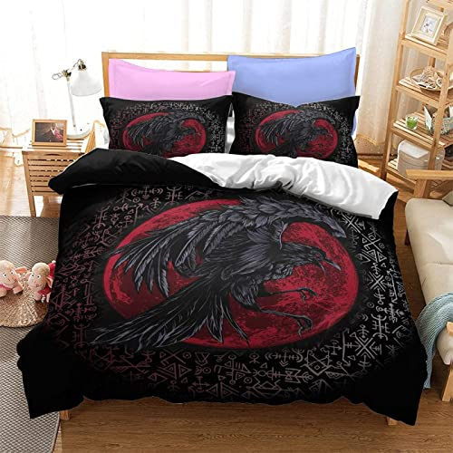 RFFLUX 3D Wikinger Bettwäsche Set 135x200 cm 2teilig mit Reißverschluss Weiche und Angenehme Schlafkomfort Microfaser Bettbezug Wikinger Krähe Kinderbettwäsche mit Kissenbezug 80x80 cm