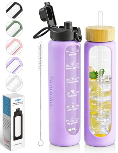Nefeeko 32 oz Glass Water Bottles with Straw, Motivational Glass Water Bottle with Time Marker, 1 Liter BPA FREE Leakproof Reusable Glass Water Bottle with Silicone Sleeve, Bamboo Lid, Spout Lid
