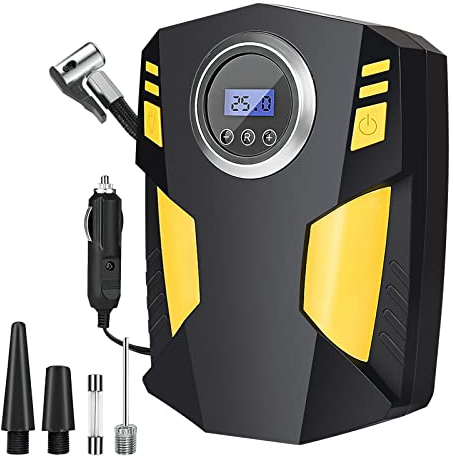 KEPEAK Elektrische Luftpumpe 12V Luftkompressor mit 3M Netzkabel, Notfall-LED-Licht, LCD Bildschirm & DREI Düsen, Geeignet für Auto, Fahrrad, Motorrad, Ball, Luftkissen usw.