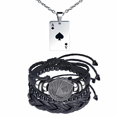 Feilok Herren Armband und Halskette Set - Echtleder Armband mit Poker Ace of Hearts Pik Glücklich Anhänger für Herren