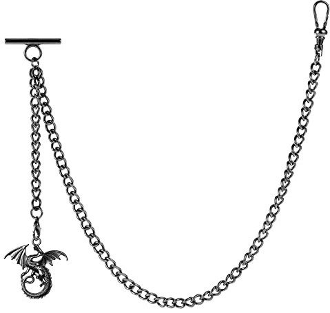ZTA Albert Chain Black Color Pocket Watch Chain Vest Chain with Ancient Dragon Design Fob T Bar Swivel Clip