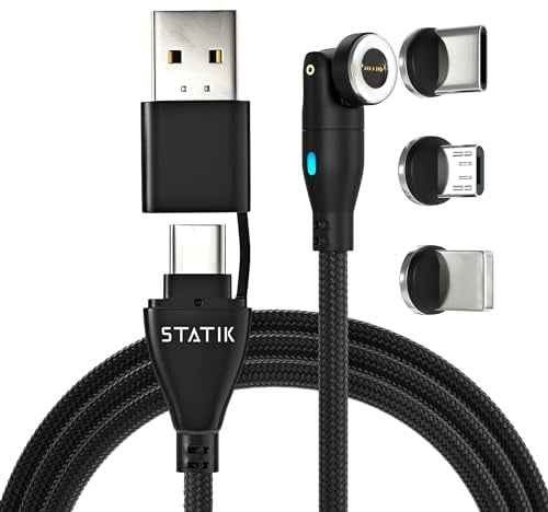 Statik 360 Pro Magnetic Charging Cable - Fast Charger USB C Charger Cable, Phone Charger 3 in 1 USB C to USB C, Micro USB & iProduct Tips, USB A Adapter - 100W Black 6FT/2M