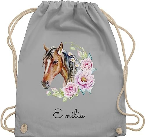 Turnbeutel Rucksack - Pferd Pferde - Wunschname Pferdekopf Name I Pferdemotiv I Geschenk Pferdemädchen - Unisize - Hellgrau - beutel für kindergarten pferderucksäcke pferden horse sportbeutel