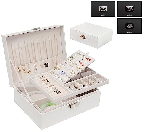 TAVADA Schmuckkästchen,2-schichtige Schmuckaufbewahrung,Schmuckschatulle Schmuckbox,Schmuckkästchen Mädchen,Jewelry Box für Ringe,Ohrringe,Halskette-Weiß