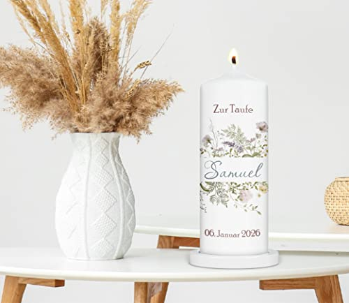 wolga-kreativ moderne Kerze zur Taufe Kommunion Konfirmation Geburt Taufkerze 20 cm x 7 cm Wiese Blumen Samuel für Mädchen Jungen personalisiert Name Datum Taufspruch