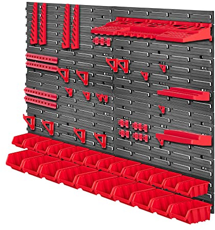 KADAX Lot de 67 Étagère murale d'atelier robuste, 116 x 78 cm, système de stockage en plastique, résistante aux UV, plaques murales extensibles, pour garage (rouge)