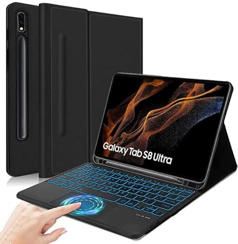 Étui Clavier Touchpad pour Galaxy Tab S8 Ultra 14,6 Pouces 2022 SM-X900/X906, AZERTY Français Clavier Bluetooth Rétroéclairé Détachable avec Étui Touchpad
