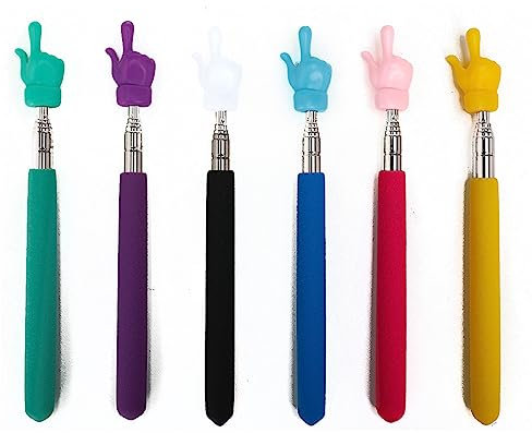 Teleskop-Zeiger für Lehrer, Fingerpointer für Klassenzimmer und Demonstrationszeiger für Grundschule, Kindergarten, 6 Farben (schwarz, rosa, lila, gelb, blau, grün), 6 Stück