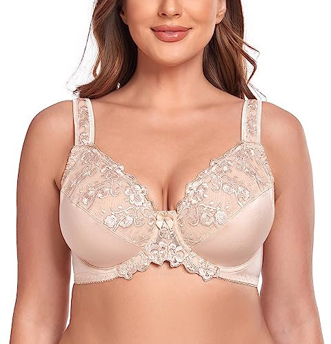 Ayigedu Women's Full Coverage Minimiser Bra Floral Lace Non Padded Plus Size Underwired Bra 42DD Beige
