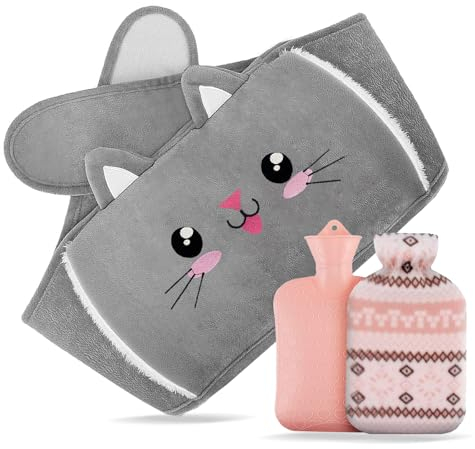 RISAKOGO Wärmflaschengürtel,1L Wärmflasche mit Bezug 3er Tragbare Wärmeflasche-Gürtel Katze aus Gummi für Erwachsene&Kinder Hot Water Bottle Weihnachtsgeschenke
