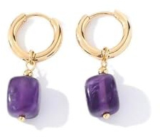 Edelstein Ohrringe Damen,Elegante Stein-Ohrhänger Für Damen – Kleine Goldene Runde Ohrringe Mit Quadratischem Amethyst-Anhänger